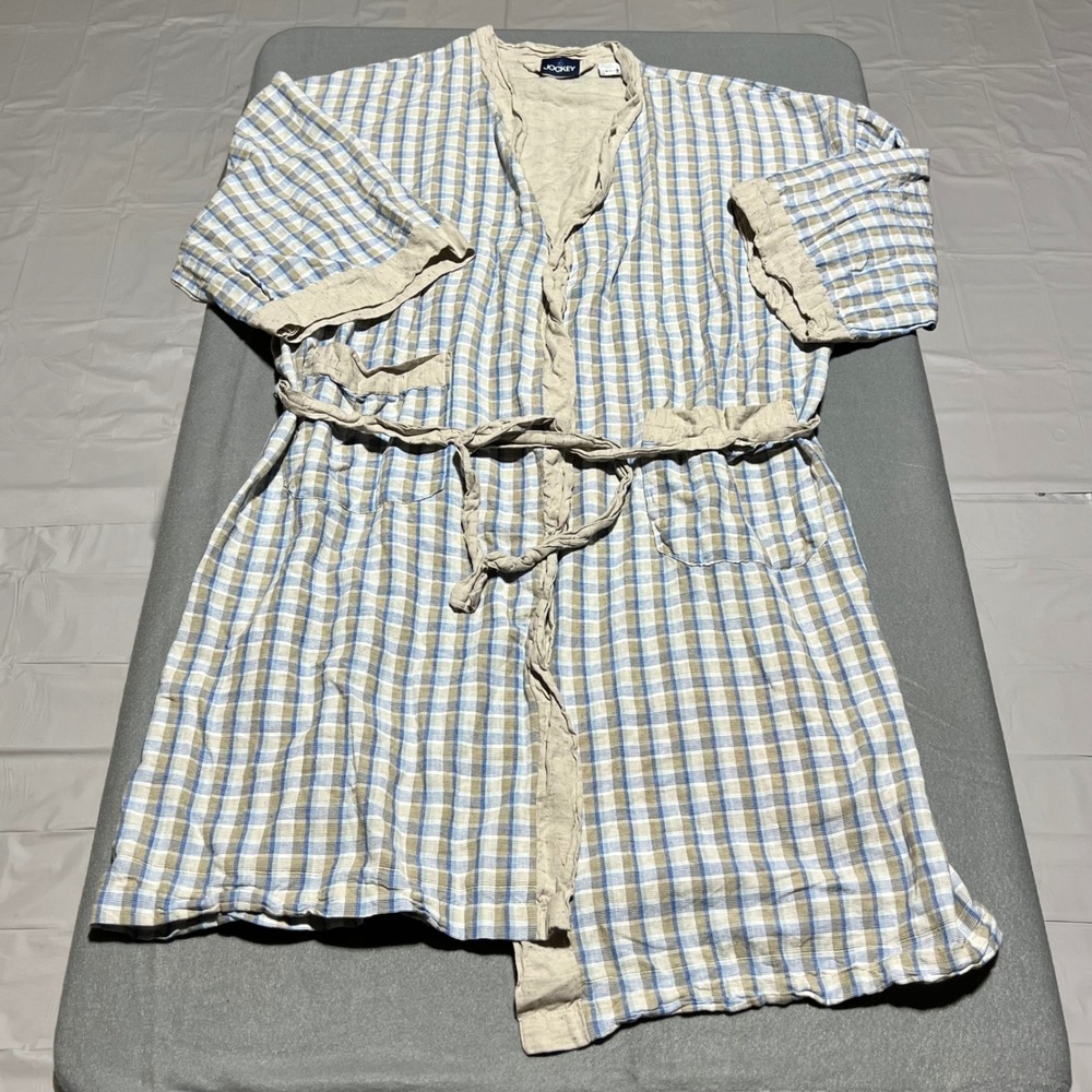 Jockey Mens Blue Tan Plaid Cotton Short Sleeve Robe One Size OSZ Loungewear